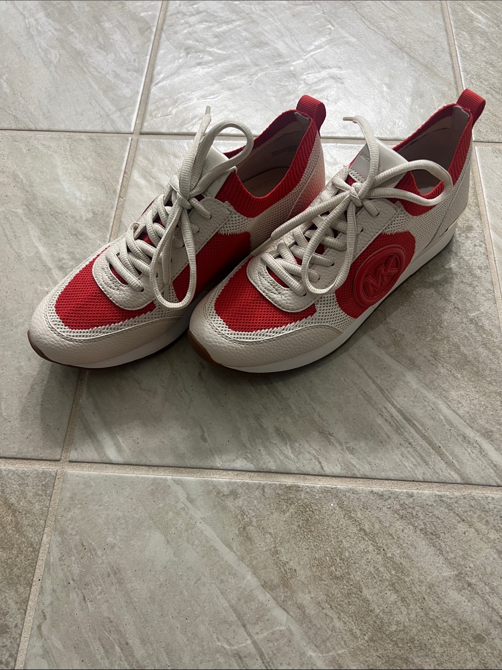 Michael Kors Cream and Red Lace-Up Mesh Sneakers